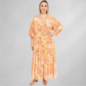 Entro Dress L Boho Floral Tiered Maxi Pink Yellow Orange Elastic Waist